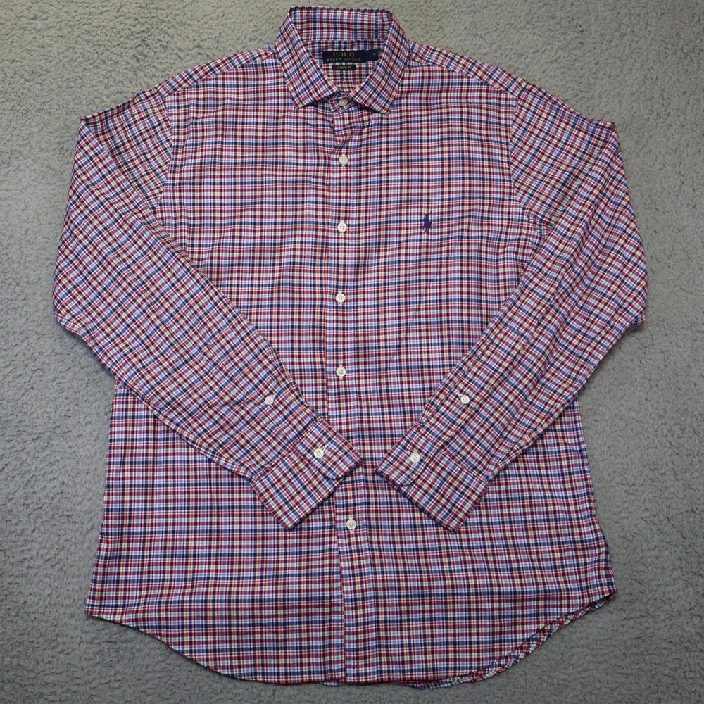 Polo Ralph Lauren Mens Classic Fit Plaid Button Down Shirt Red Blue Medium M